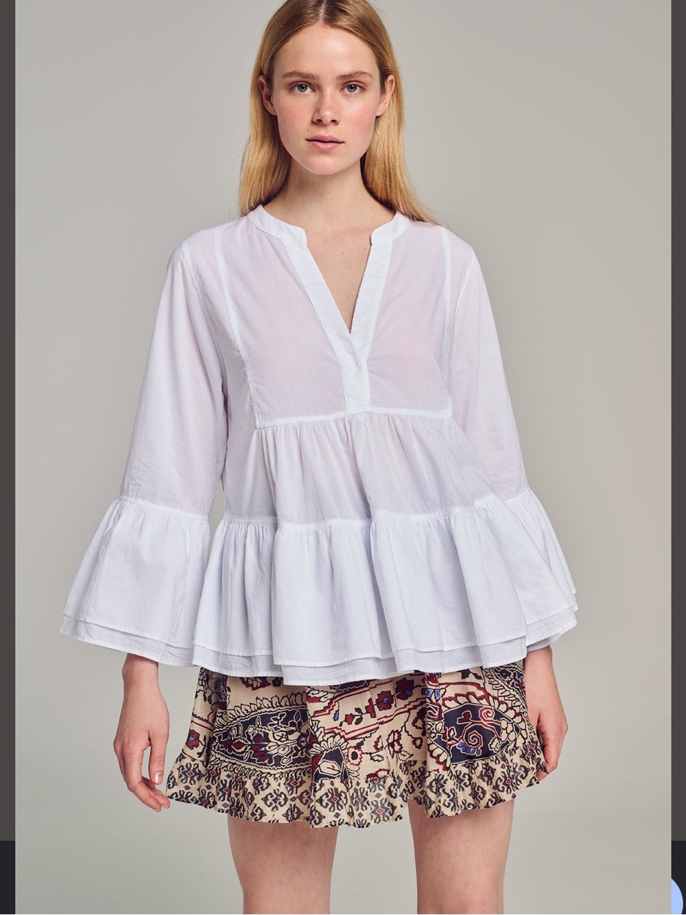 Devotion Twins Cotton Boho Blouse | Cream Tiered Ruffle Top | Small